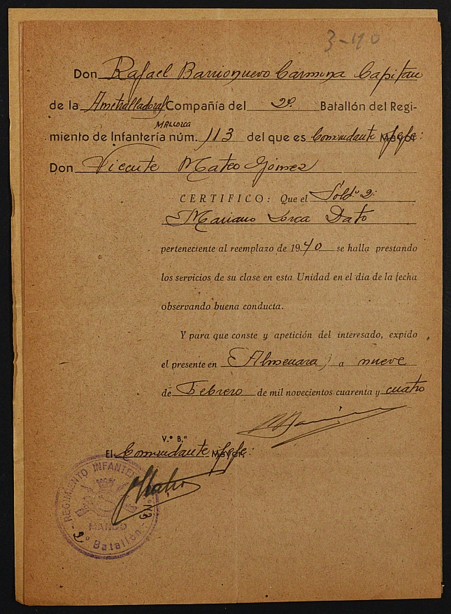 Expediente nº 122/1944 de beneficiario del subsidio al combatiente de Mariano Lorca Dato